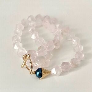 Light Pink Quartz & Natural Pearl Necklace with Gold Clasp
